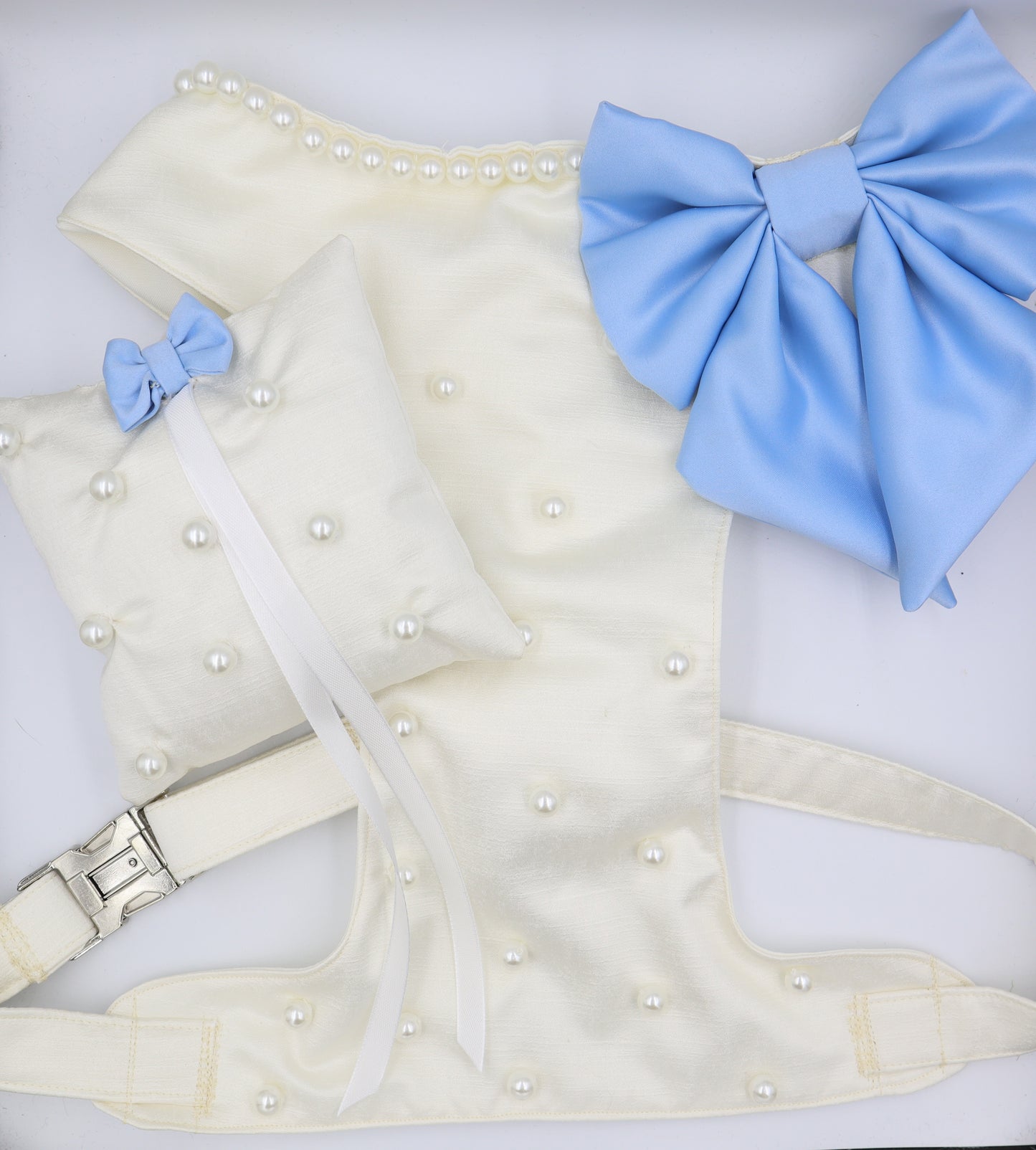 Wedding Dog Harness Leash & Ring Pillow in Ivory White Satin with Bow and Pearls CHOICE of COLOURS Made to Measure