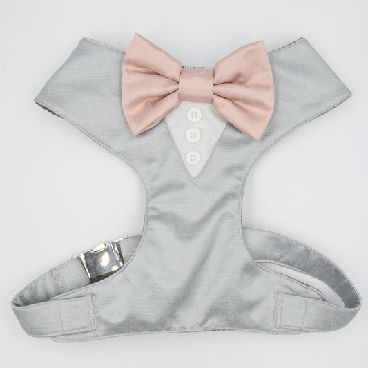 Wedding Dog Harness in Light Grey Satin Fabric and Pale Rose Bow Choice of COLOURS Made to Measure