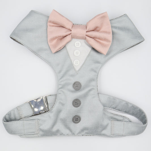 Wedding Dog Harness in Light Grey Satin Fabric and Pale Rose Bow Choice of COLOURS Made to Measure
