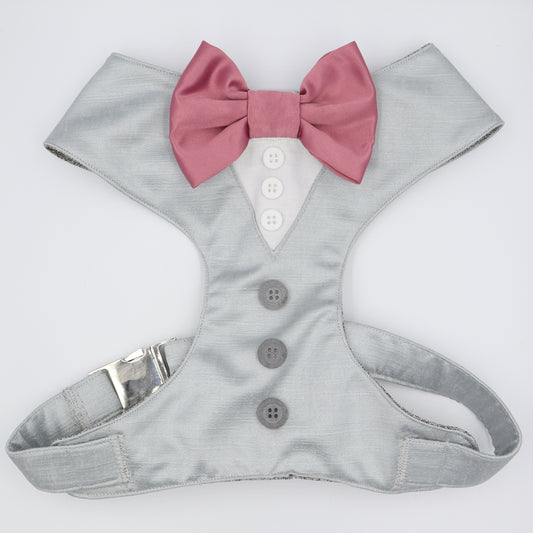 Wedding Dog Harness in Light Grey Satin Fabric and Rose Pink Bow Choice of COLOURS Made to Measure