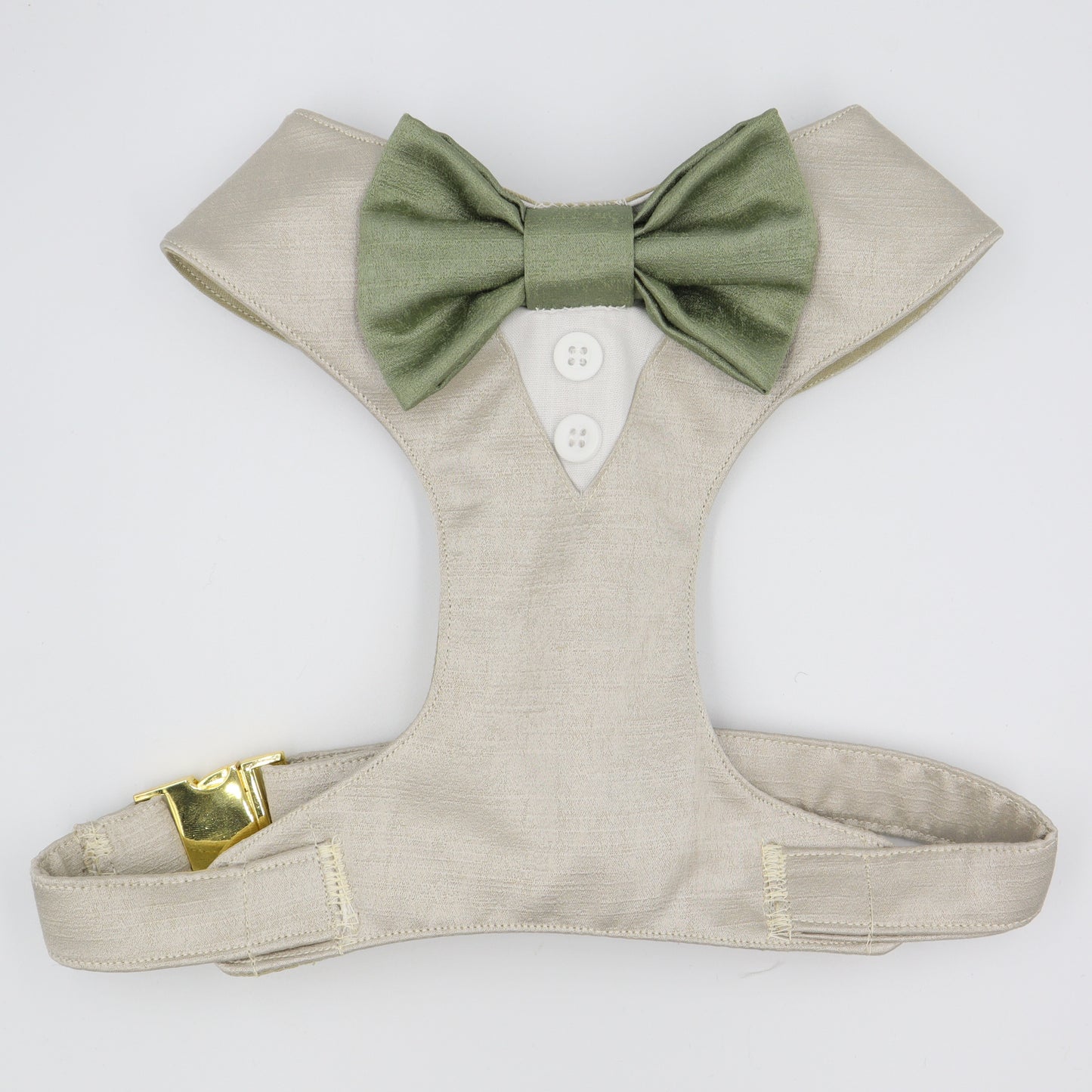 Tuxedo Wedding Dog Harness in Beige Satin with Sage Bow CHOICE of COLOURS Made to Measure