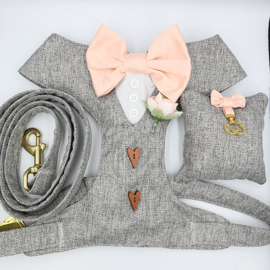 Tuxedo Wedding Dog Harness in Beige/Grey Soft Herringbone Tweed Fabric with Satin Bow CHOICE of COLOURS Made to Measure