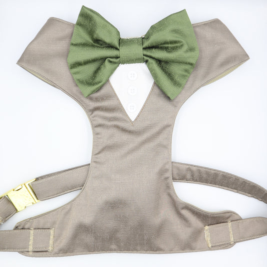 Wedding Dog Harness in Mink Brown Satin Fabric and Sage Bow Choice of COLOURS Made to Measure