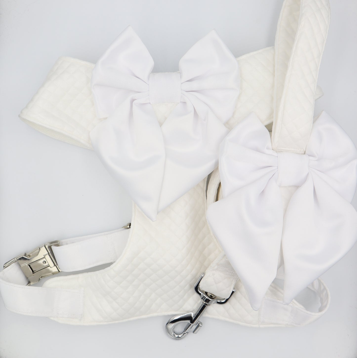 Wedding Dog Harness in Off White Ivory Cream Satin Quilted Design with White Sailor Bow Girl Dog Wedding CHOICE of COLOURS Made to Measure