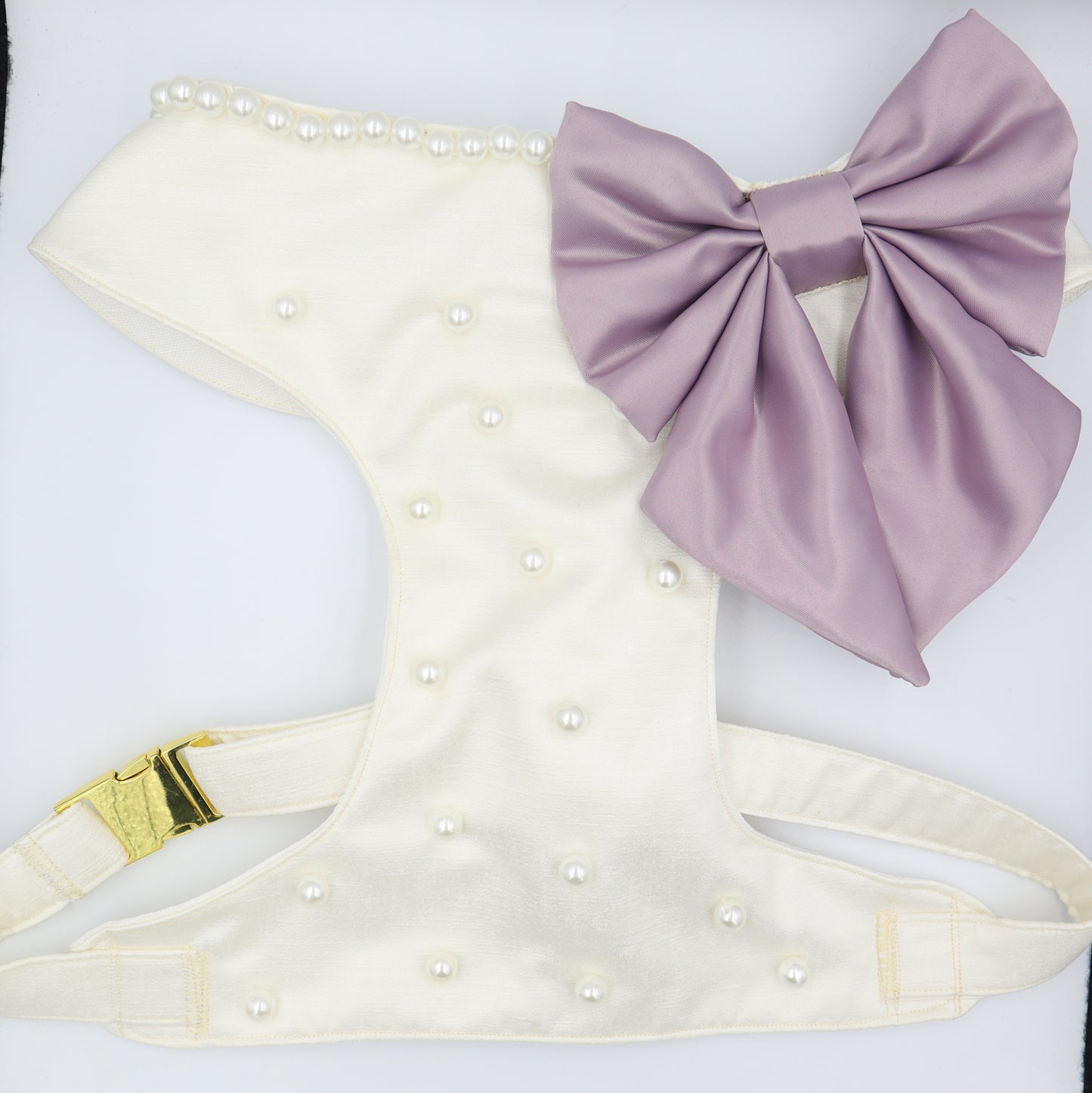 Wedding Dog Harness & Leash in Ivory White Satin with Lilac Bow and Pearls CHOICE of COLOURS Made to Measure