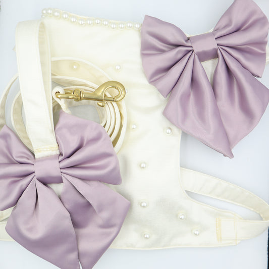 Wedding Dog Harness  & Leash in Ivory White Satin with Lilac Bow and Pearls CHOICE of COLOURS Made to Measure