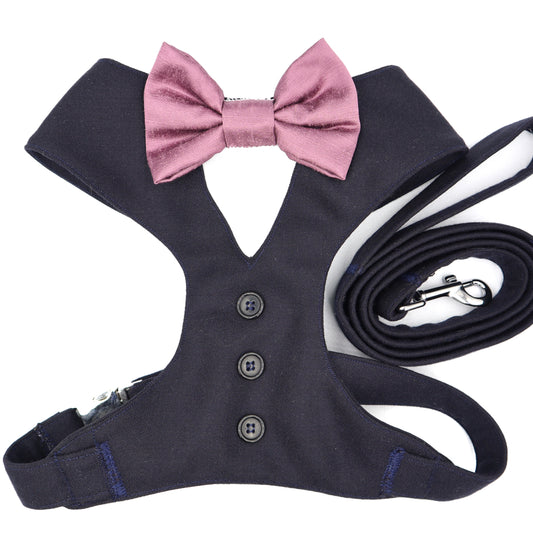 Tuxedo Wedding Dog Harness in Soft Lightweight Quality Dark Navy Blue Wool Fabric with Mauve Satin Bow CHOICE of COLOURS Made to Measure