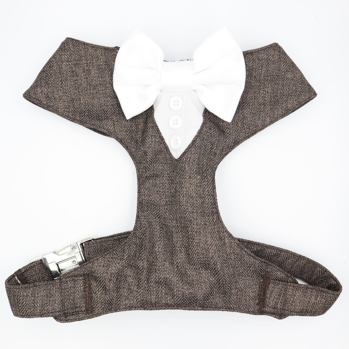 Tuxedo Wedding Dog Harness in Chocolate Soft Herringbone Tweed Fabric with Satin Bow CHOICE of COLOURS Made to Measure