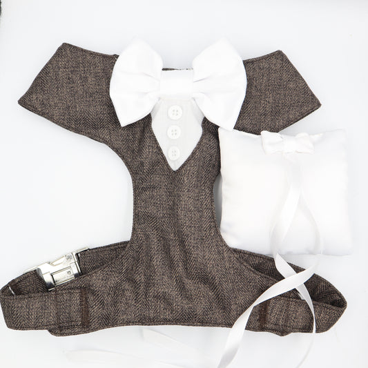 Tuxedo Wedding Dog Harness in Chocolate Soft Herringbone Tweed Fabric with Satin Bow CHOICE of COLOURS Made to Measure