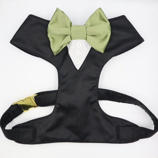 Tuxedo Wedding Dog Harness in Black Satin with Sage Green Bow CHOICE of COLOURS Made to Measure