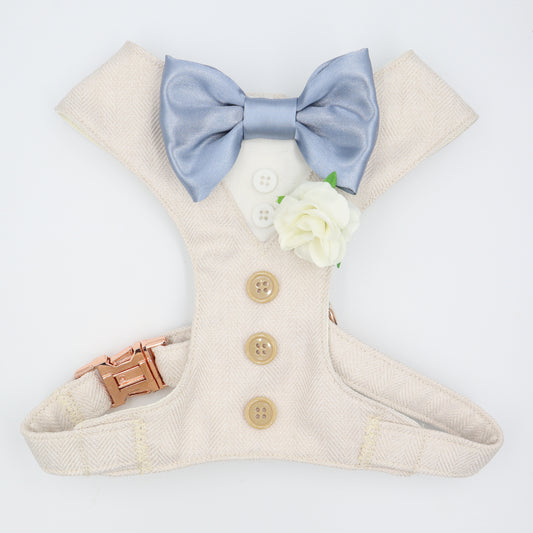 Tuxedo Wedding Dog Harness in Beige Cream Soft Herringbone Tweed Fabric with Dusty Blue Satin Bow CHOICE of COLOURS Made to Measure