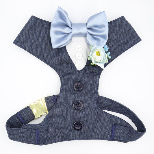 Tuxedo Wedding Dog Harness in Navy Blue Soft Herringbone Tweed Fabric with Dusty Blue Satin Bow CHOICE of COLOURS Made to Measure