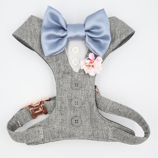 Tuxedo Wedding Dog Harness in Grey Soft Herringbone Tweed Fabric with Dusty Blue Satin Bow CHOICE of COLOURS Made to Measure