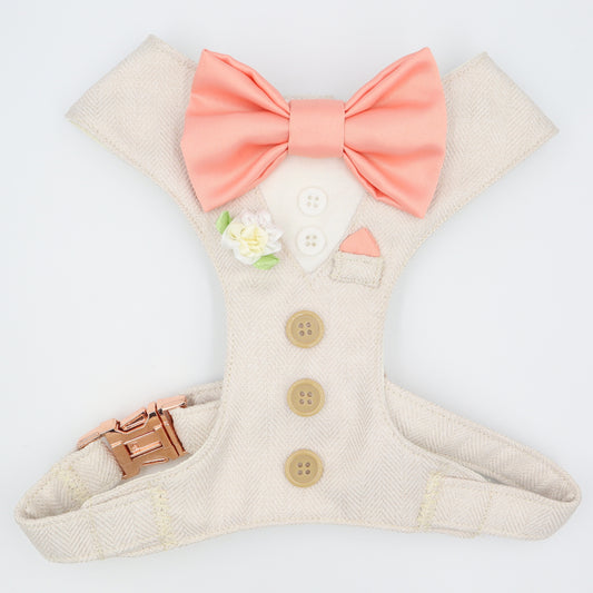 Tuxedo Wedding Dog Harness in Beige Soft Herringbone Tweed Fabric with Satin Bow CHOICE of COLOURS Made to Measure