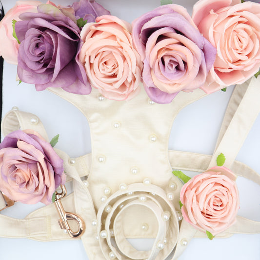 Wedding Dog Harness  & Leash in Ivory Cream Satin with Flowers and Pearls CHOICE of COLOURS Made to Measure