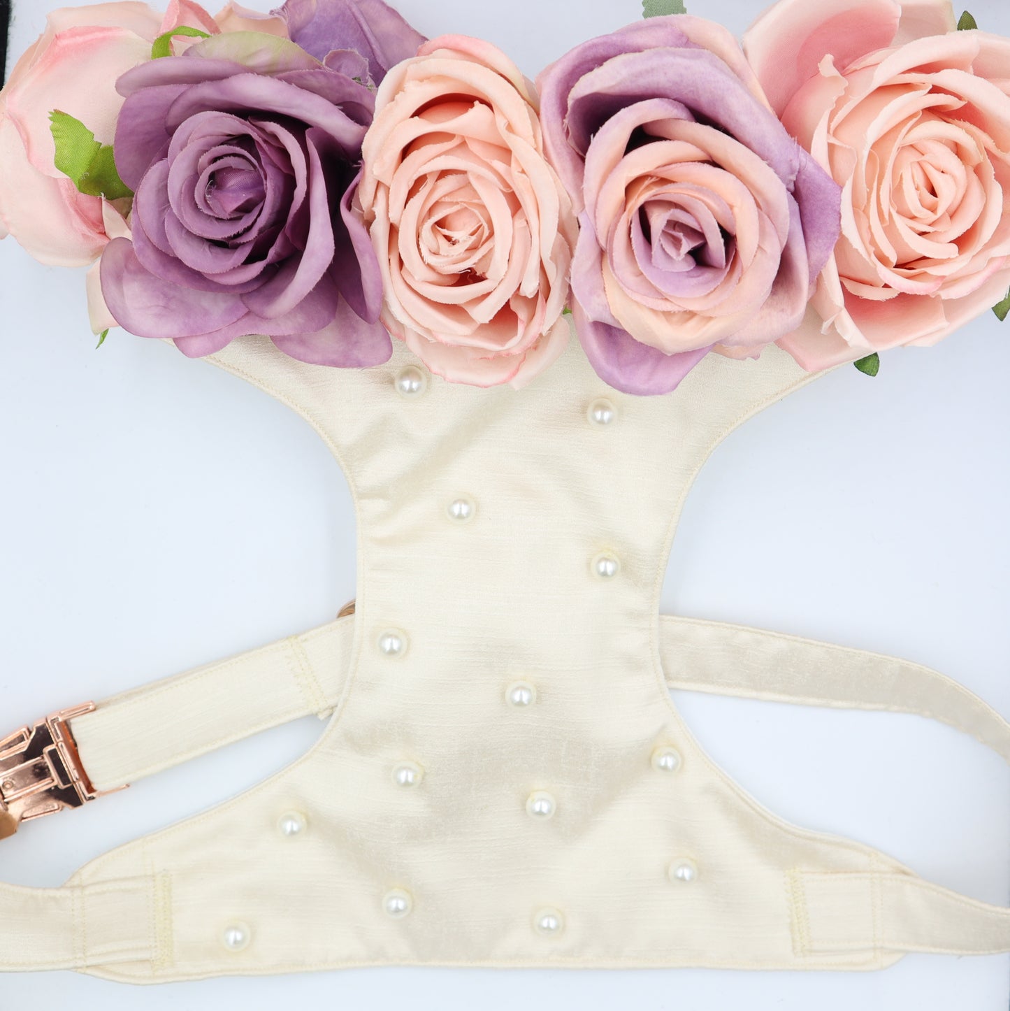 Wedding Dog Harness & Leash in Ivory Cream Satin with Flowers and Pearls CHOICE of COLOURS Made to Measure