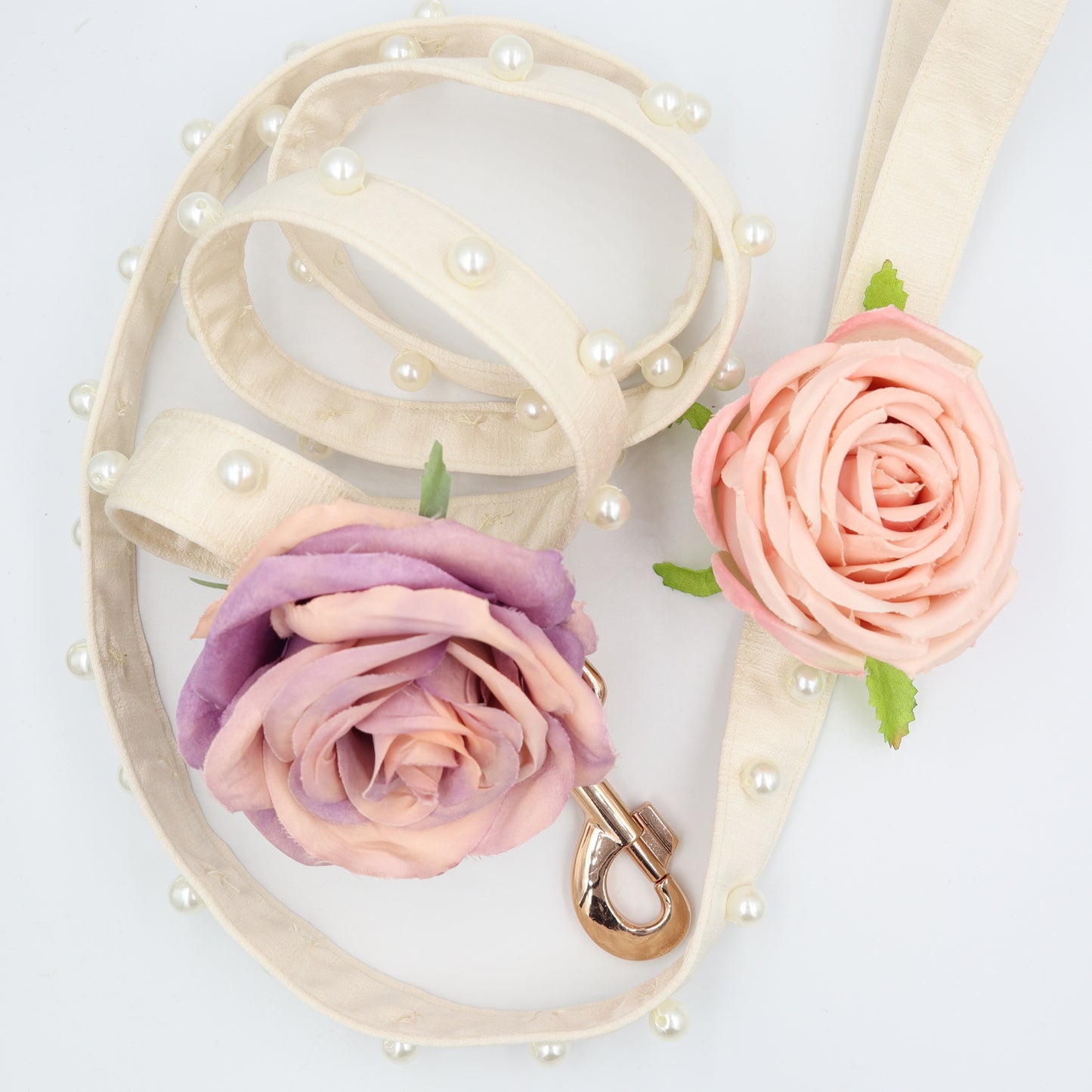 Wedding Dog Harness & Leash in Ivory Cream Satin with Flowers and Pearls CHOICE of COLOURS Made to Measure