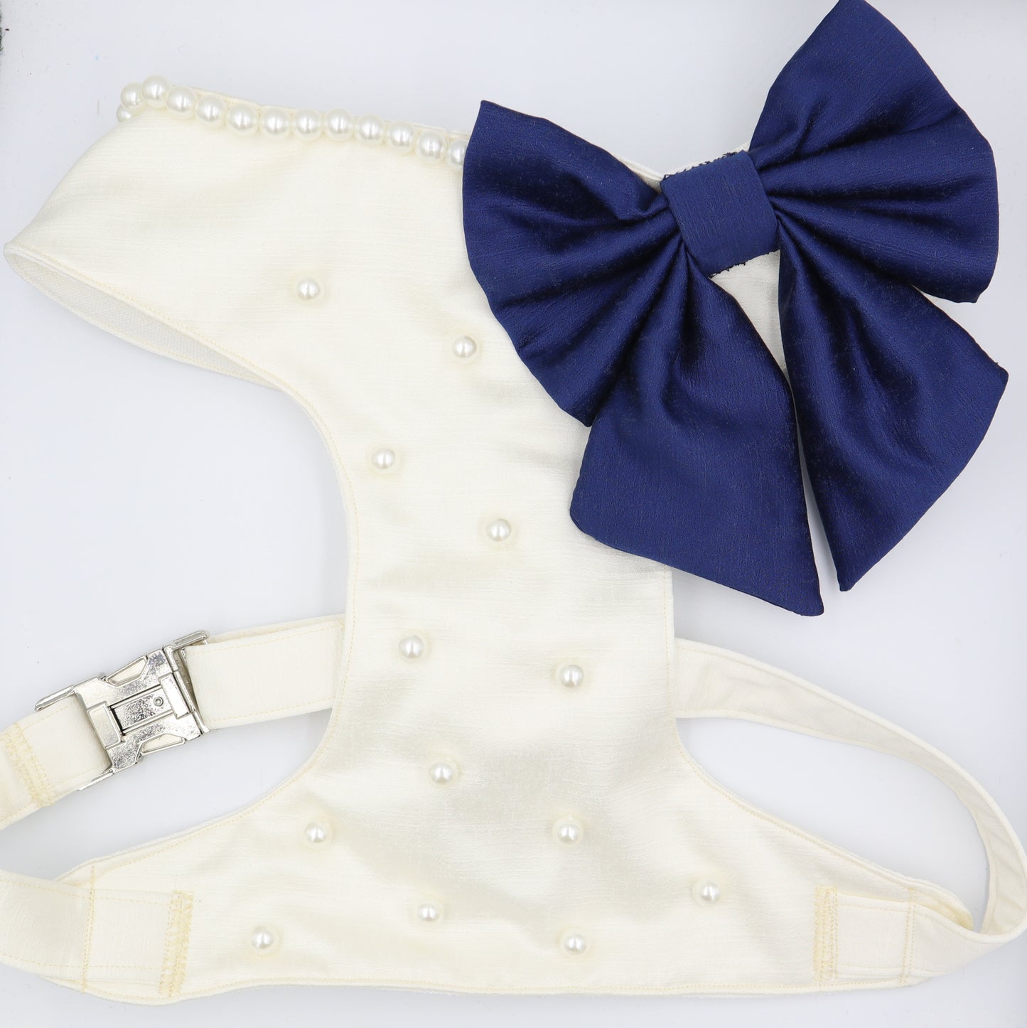 Wedding Dog Harness & Leash in Ivory White Satin with Navy Blue Bow and Pearls CHOICE of COLOURS Made to Measure