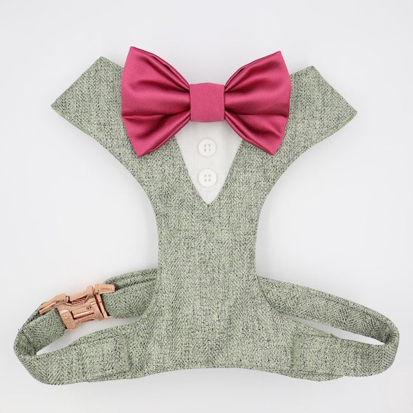 Tuxedo Wedding Dog Harness in Sage Green Soft Herringbone Tweed Fabric with Satin Bow CHOICE of COLOURS Made to Measure