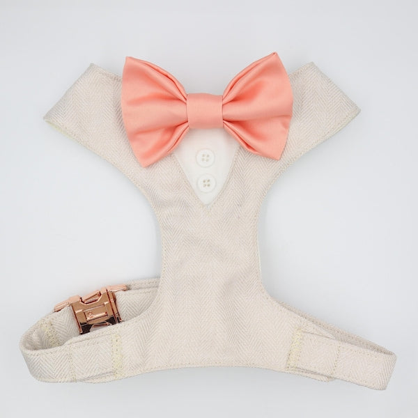 Tuxedo Wedding Dog Harness in Beige Soft Herringbone Tweed Fabric with Satin Bow CHOICE of COLOURS Made to Measure