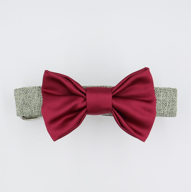 Dog Collar in Sage Green Soft Herringbone Tweed Style Fabric with Satin Bow CHOICE of COLOURS