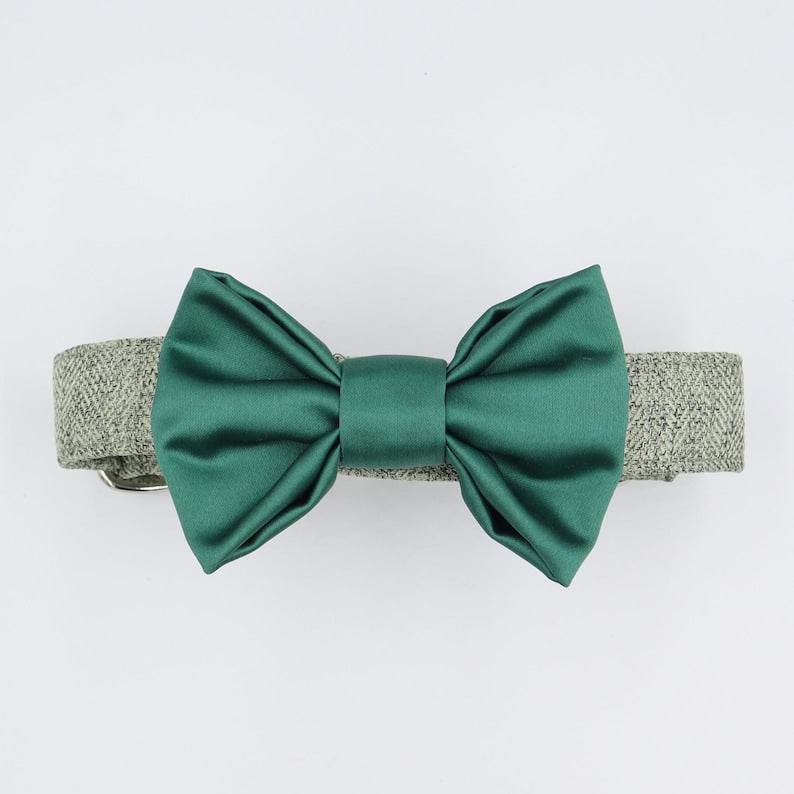 Dog Collar in Sage Green Soft Herringbone Tweed Style Fabric with Satin Bow CHOICE of COLOURS