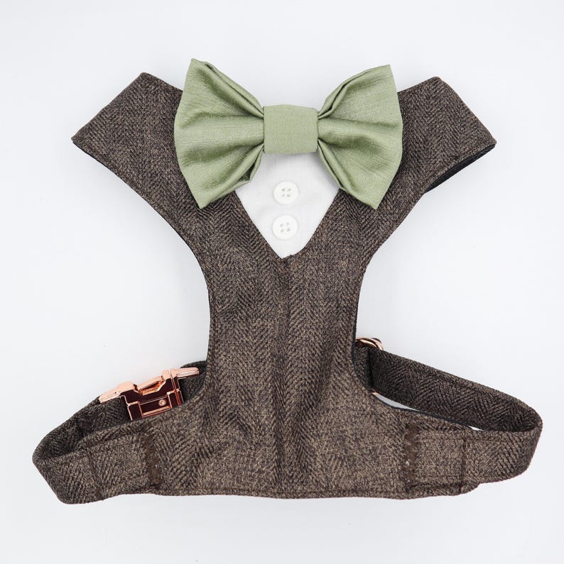 Tuxedo Wedding Dog Harness in Chocolate Soft Herringbone Tweed Fabric with Satin Bow CHOICE of COLOURS Made to Measure