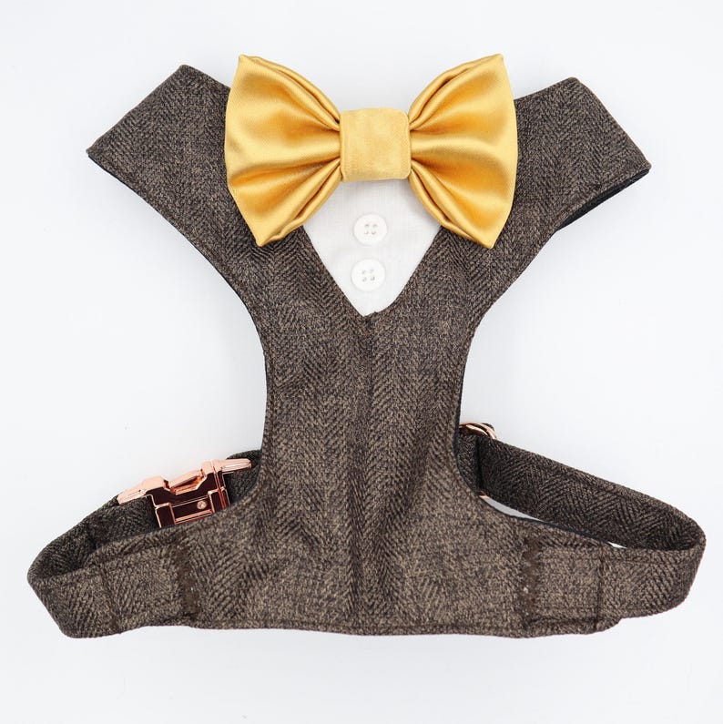 Tuxedo Wedding Dog Harness in Chocolate Soft Herringbone Tweed Fabric with Satin Bow CHOICE of COLOURS Made to Measure