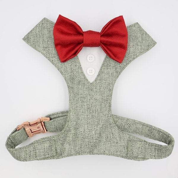 Tuxedo Wedding Dog Harness in Sage Green Soft Herringbone Tweed Fabric with Satin Bow CHOICE of COLOURS Made to Measure