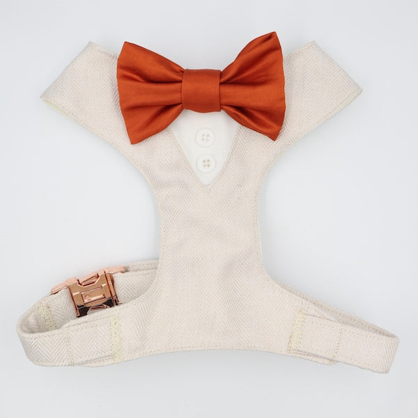 Tuxedo Wedding Dog Harness in Beige Soft Herringbone Tweed Fabric with Satin Bow CHOICE of COLOURS Made to Measure