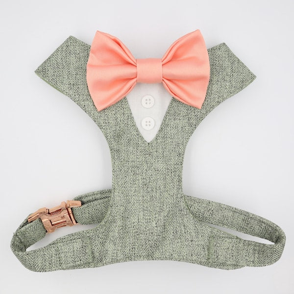 Tuxedo Wedding Dog Harness in Sage Green Soft Herringbone Tweed Fabric with Satin Bow CHOICE of COLOURS Made to Measure