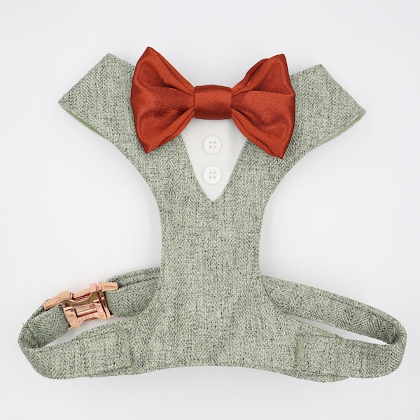 Tuxedo Wedding Dog Harness in Sage Green Soft Herringbone Tweed Fabric with Satin Bow CHOICE of COLOURS Made to Measure