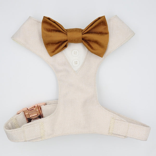 Tuxedo Wedding Dog Harness in Beige Soft Herringbone Tweed Fabric with Satin Bow CHOICE of COLOURS Made to Measure