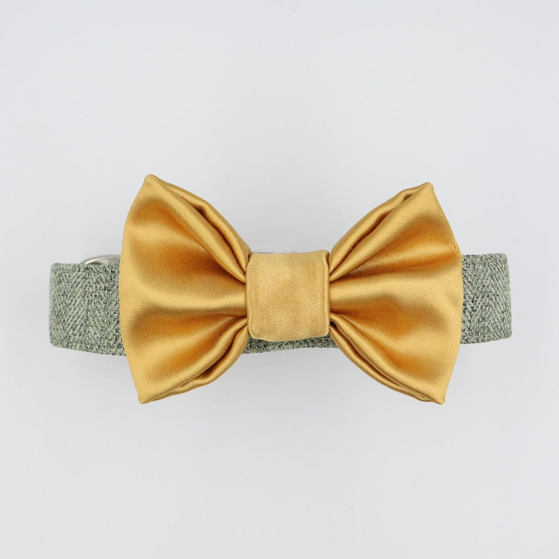 Dog Collar in Sage Green Soft Herringbone Tweed Style Fabric with Satin Bow CHOICE of COLOURS