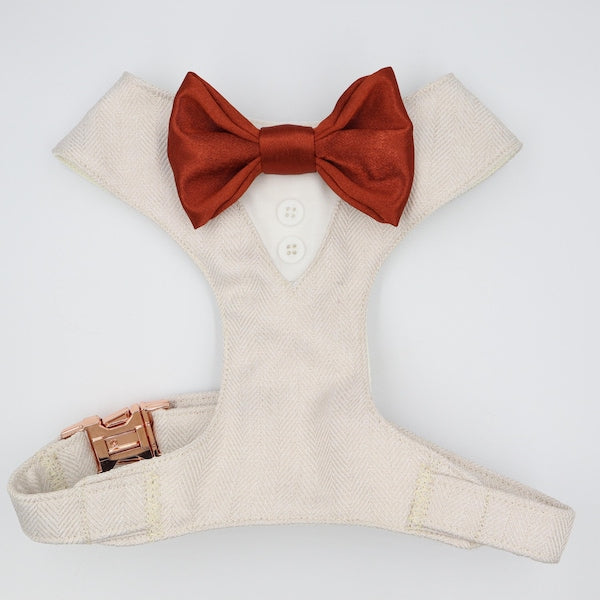 Tuxedo Wedding Dog Harness in Beige Soft Herringbone Tweed Fabric with Satin Bow CHOICE of COLOURS Made to Measure