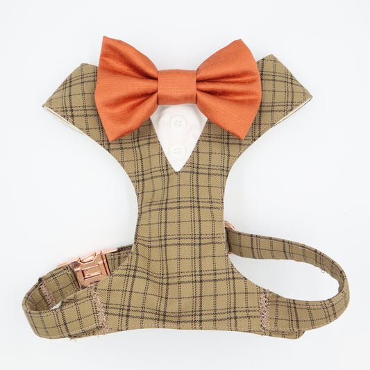 Tuxedo Wedding Dog Harness Beige Caramel Checked Suit with Burnt Orange Satin Bow CHOICE of COLOURS Made to Measure