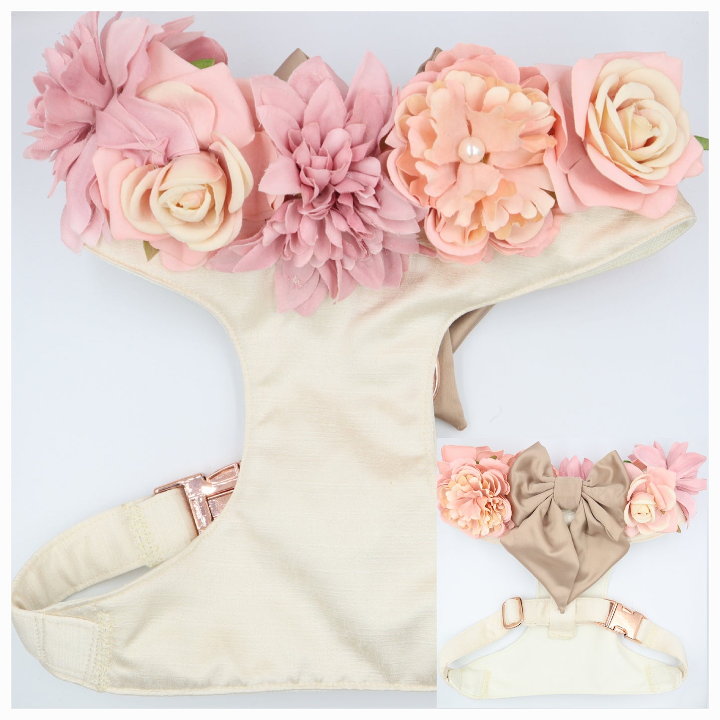 Wedding Dog Harness in Ivory Cream Satin with Cappucino Bow and Pink Flowers CHOICE of COLOURS Made to Measure