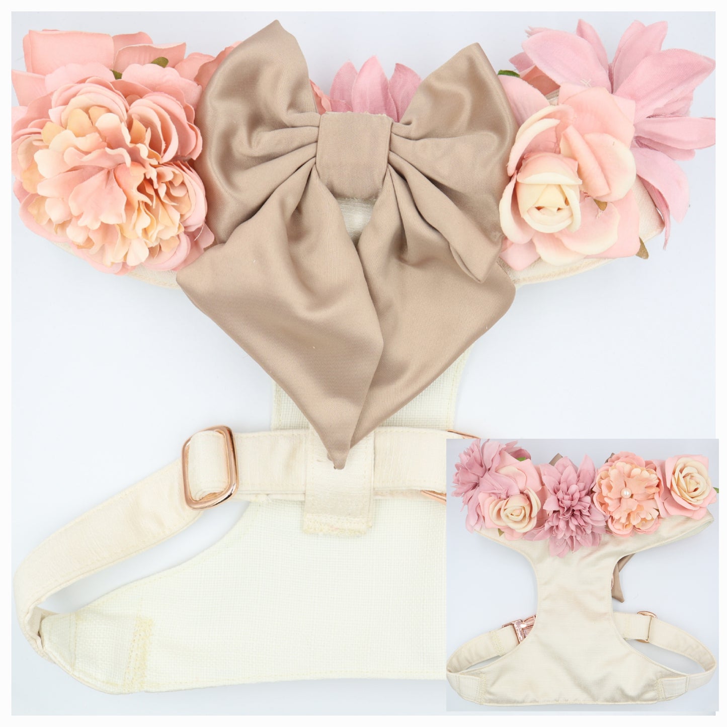 Wedding Dog Harness in Ivory Cream Satin with Cappucino Bow and Pink Flowers CHOICE of COLOURS Made to Measure