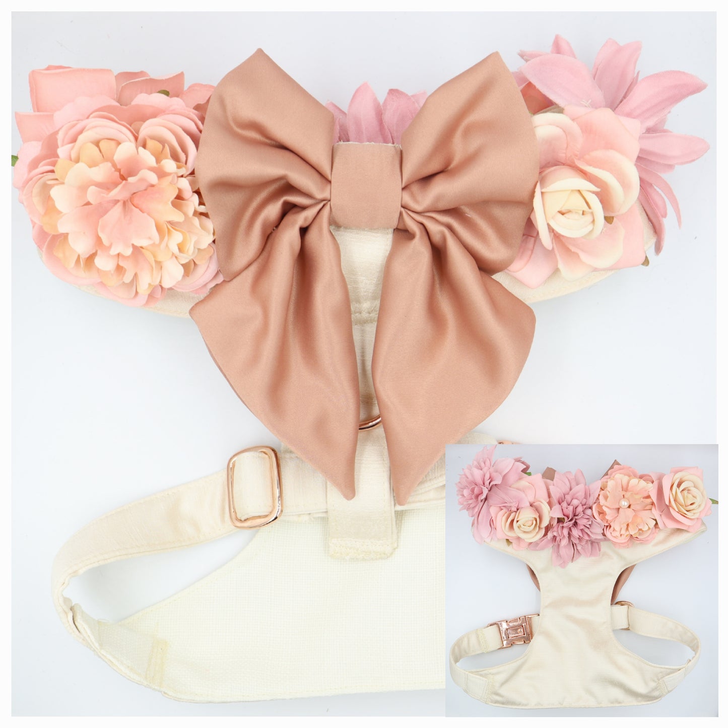 Wedding Dog Harness in Ivory Cream Satin with Rose Gold Bow and Pink Flowers CHOICE of COLOURS Made to Measure