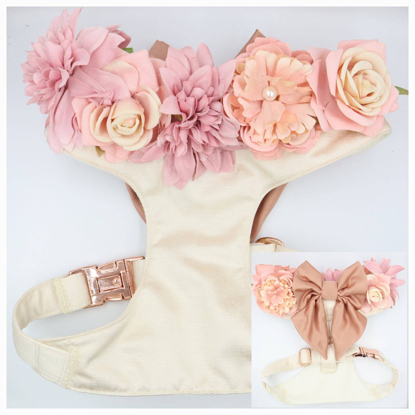 Wedding Dog Harness in Ivory Cream Satin with Rose Gold Bow and Pink Flowers CHOICE of COLOURS Made to Measure