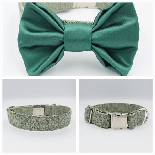 Dog Collar in Sage Green Soft Herringbone Tweed Style Fabric with Satin Bow CHOICE of COLOURS