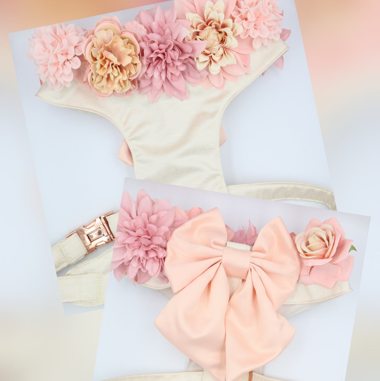 Wedding Dog Harness in Ivory Cream Satin with Rose Gold Bow and Pink Flowers CHOICE of COLOURS Made to Measure