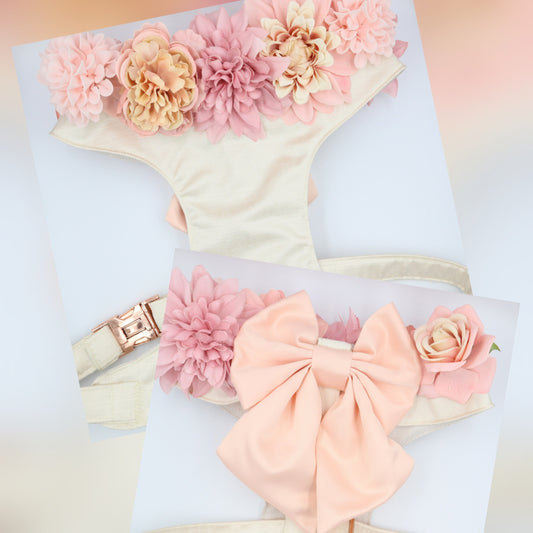 Wedding Dog Harness in Ivory Cream Satin with Rose Gold Bow and Pink Flowers CHOICE of COLOURS Made to Measure