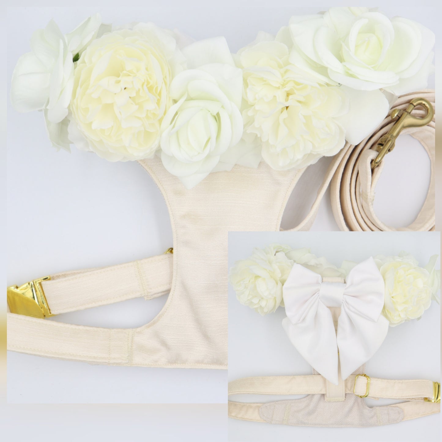 Wedding Dog Harness in Ivory Cream Satin with White Bow and Ivory Flowers CHOICE of COLOURS Made to Measure
