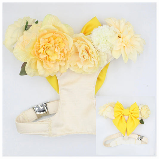 Wedding Dog Harness in Ivory Cream Satin with Yellow Bow and Flowers CHOICE of COLOURS Made to Measure