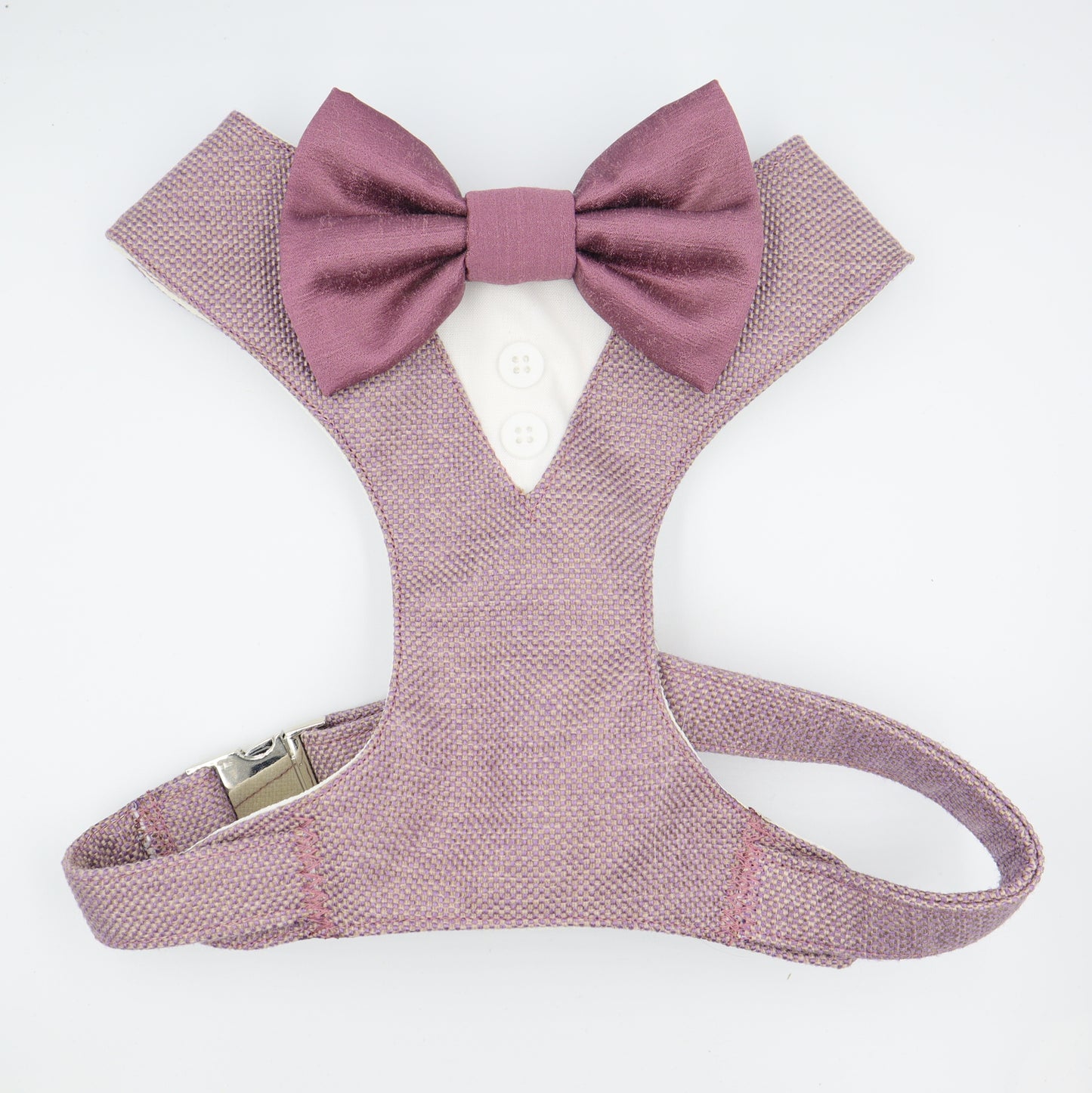 Tuxedo Wedding Dog Harness in Heather Colour Tweed Style TEXTURED Fabric with Mauve Satin Bow Wedding CHOICE COLOURS Made to Measure