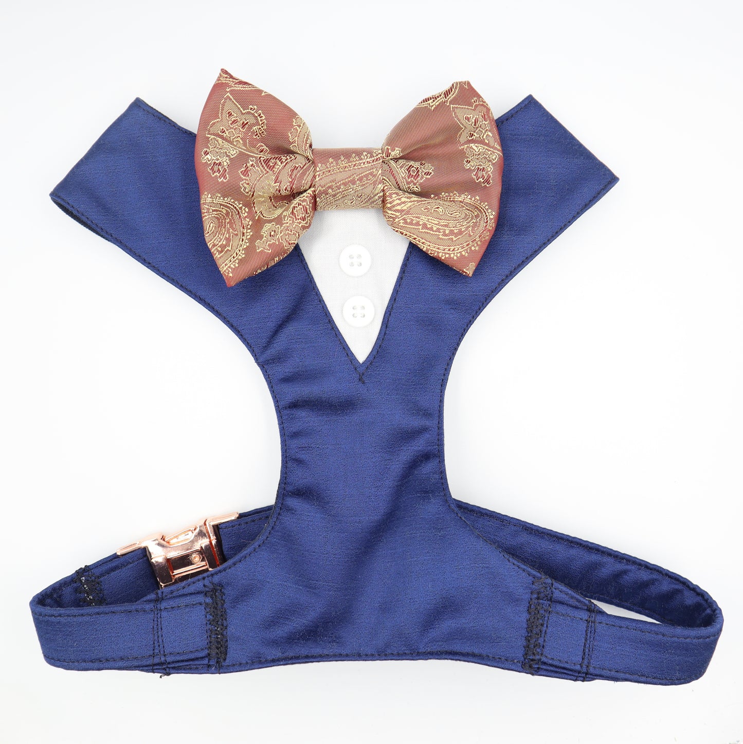 Tuxedo Wedding Dog Harness in Navy Satin with Jacquard Paisley Bow CHOICE of COLOURS Made to Measure