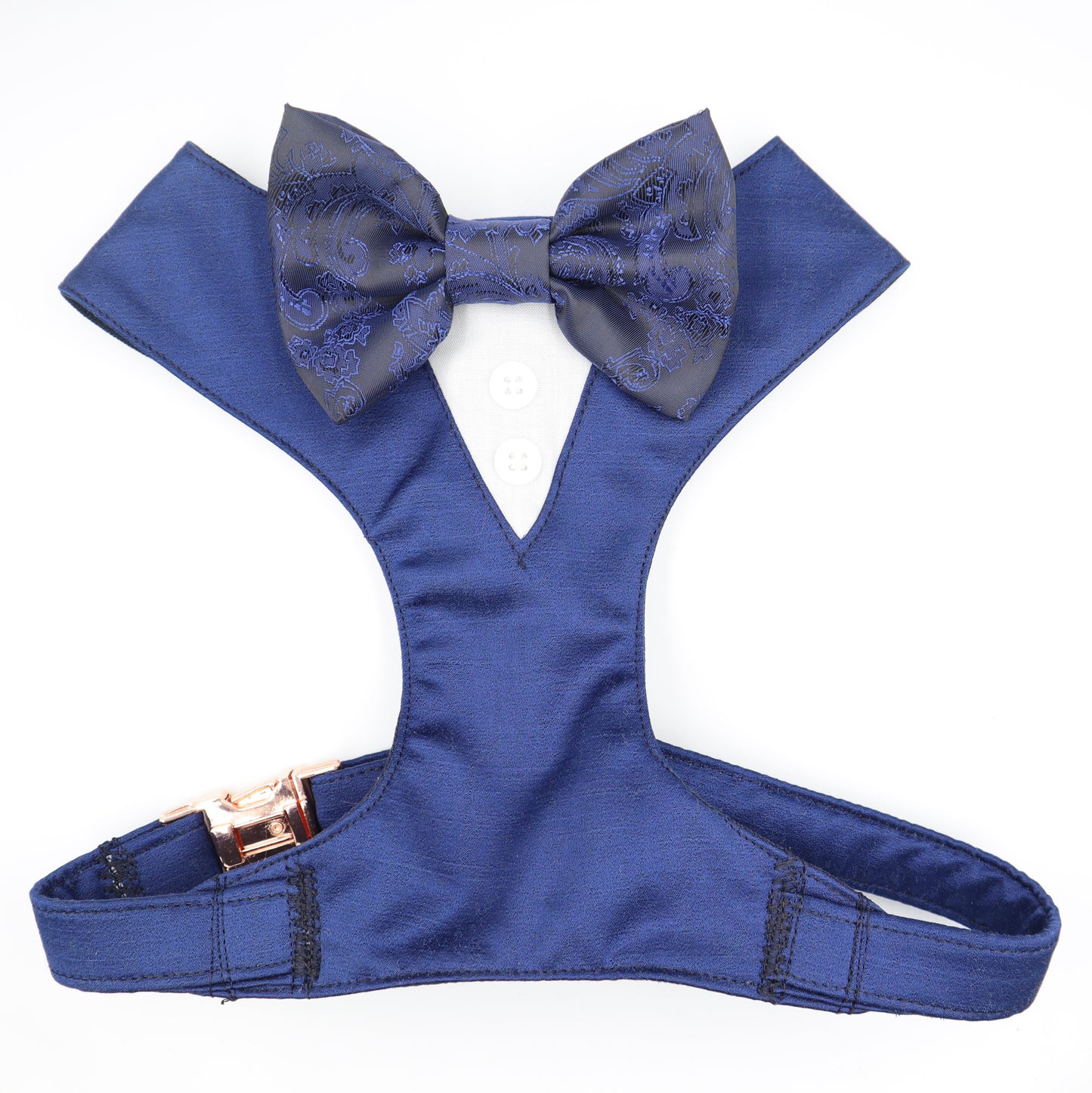 Tuxedo Wedding Dog Harness in Navy Satin with Jacquard Paisley Bow CHOICE of COLOURS Made to Measure