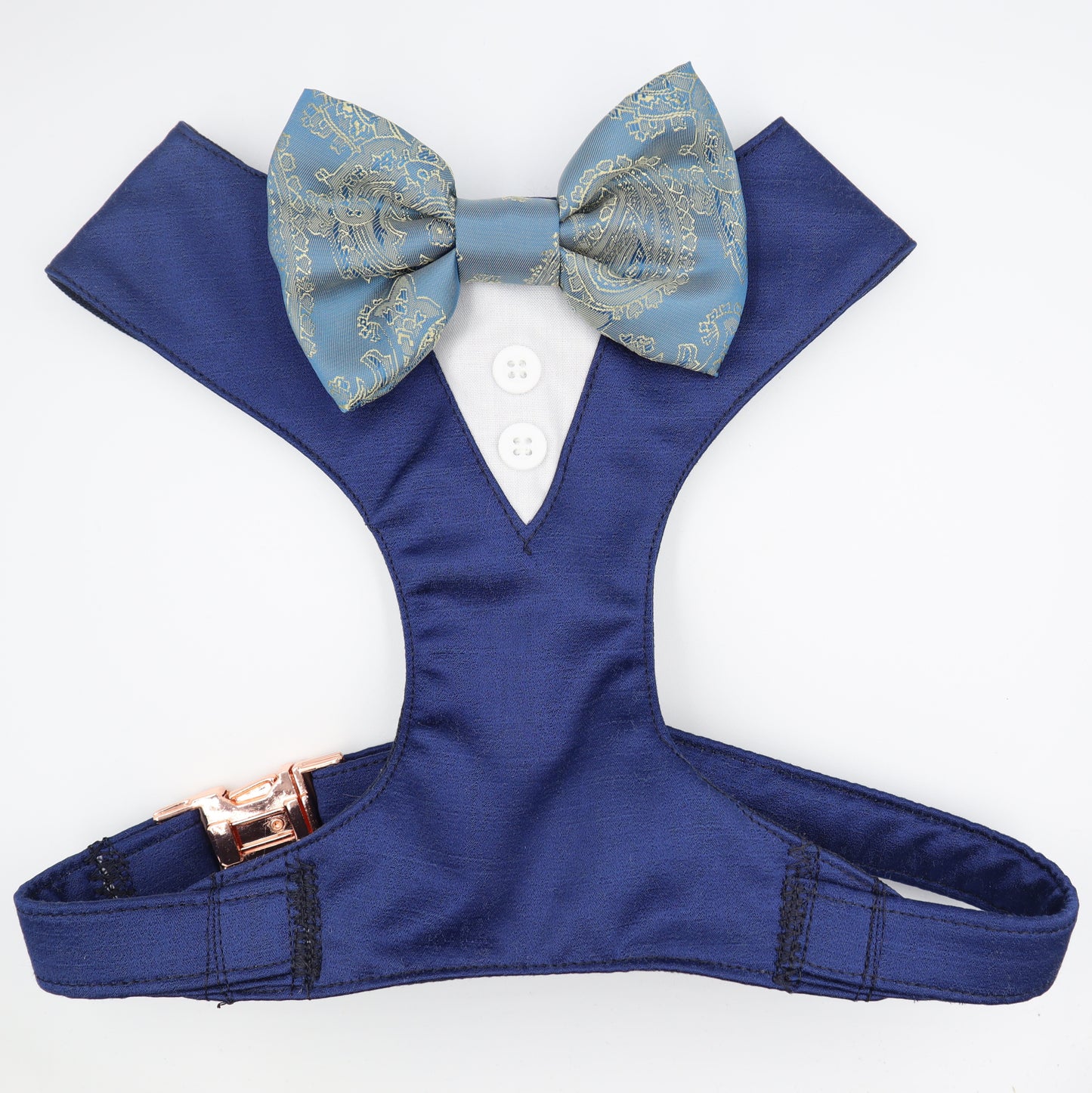 Tuxedo Wedding Dog Harness in Navy Satin with Jacquard Paisley Bow CHOICE of COLOURS Made to Measure