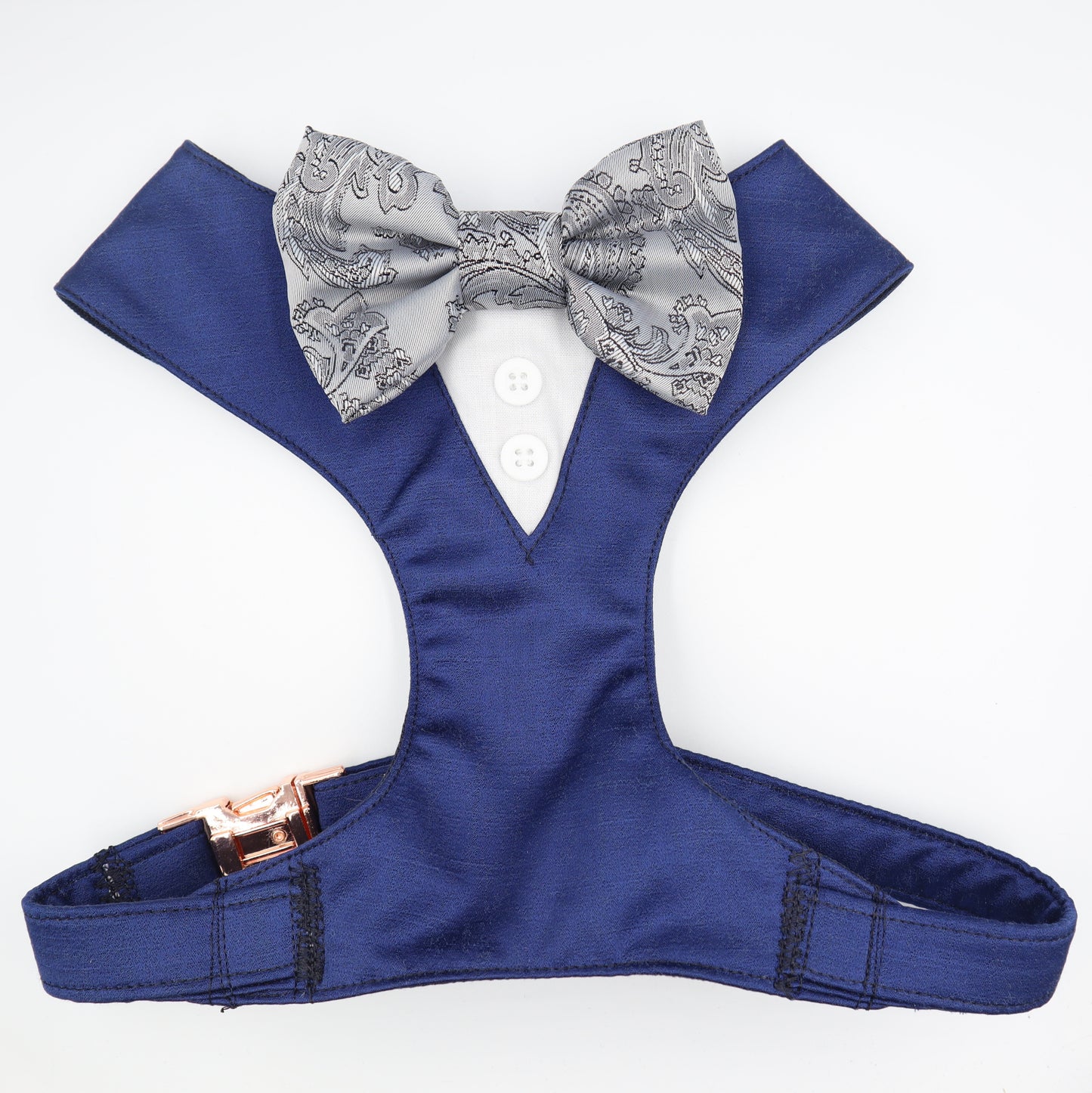 Tuxedo Wedding Dog Harness in Navy Satin with Jacquard Paisley Bow CHOICE of COLOURS Made to Measure